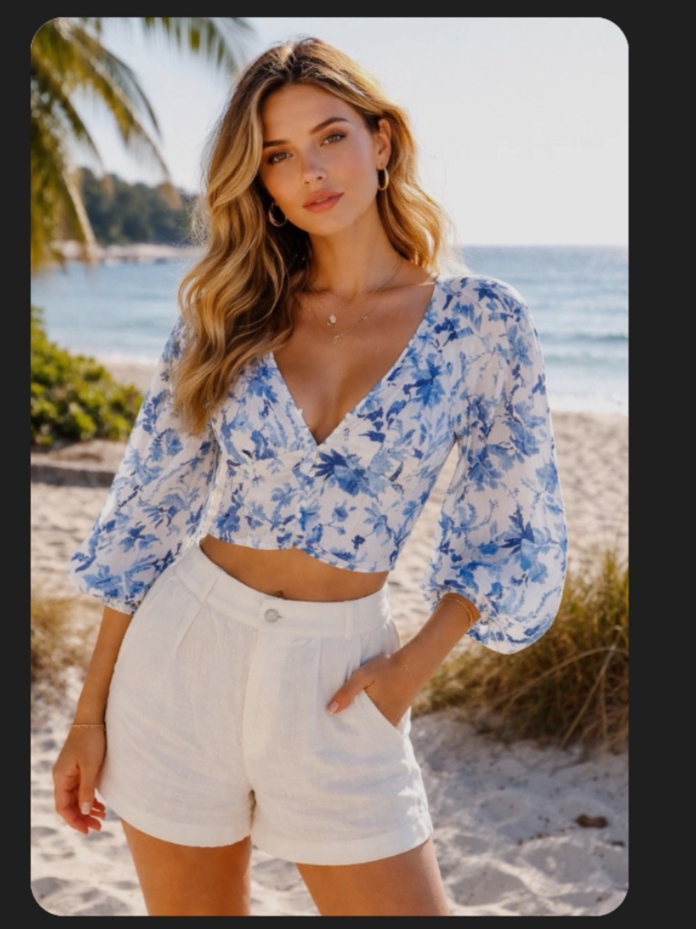 H&M Linen Blue and White Floral Button-Front Puff Sleeve Cropped Top